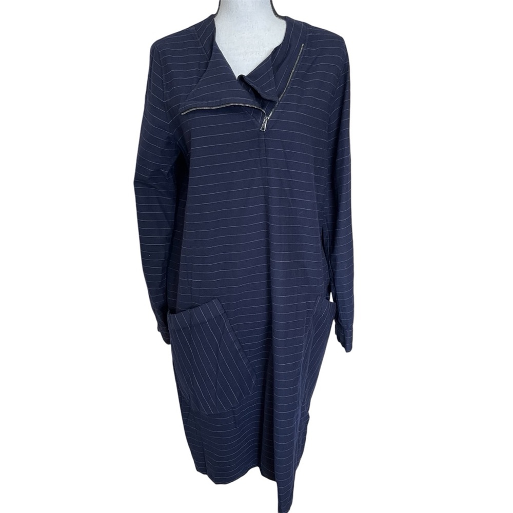 MaxMara Navy Pinstripe Midi Dress with Zip Collar